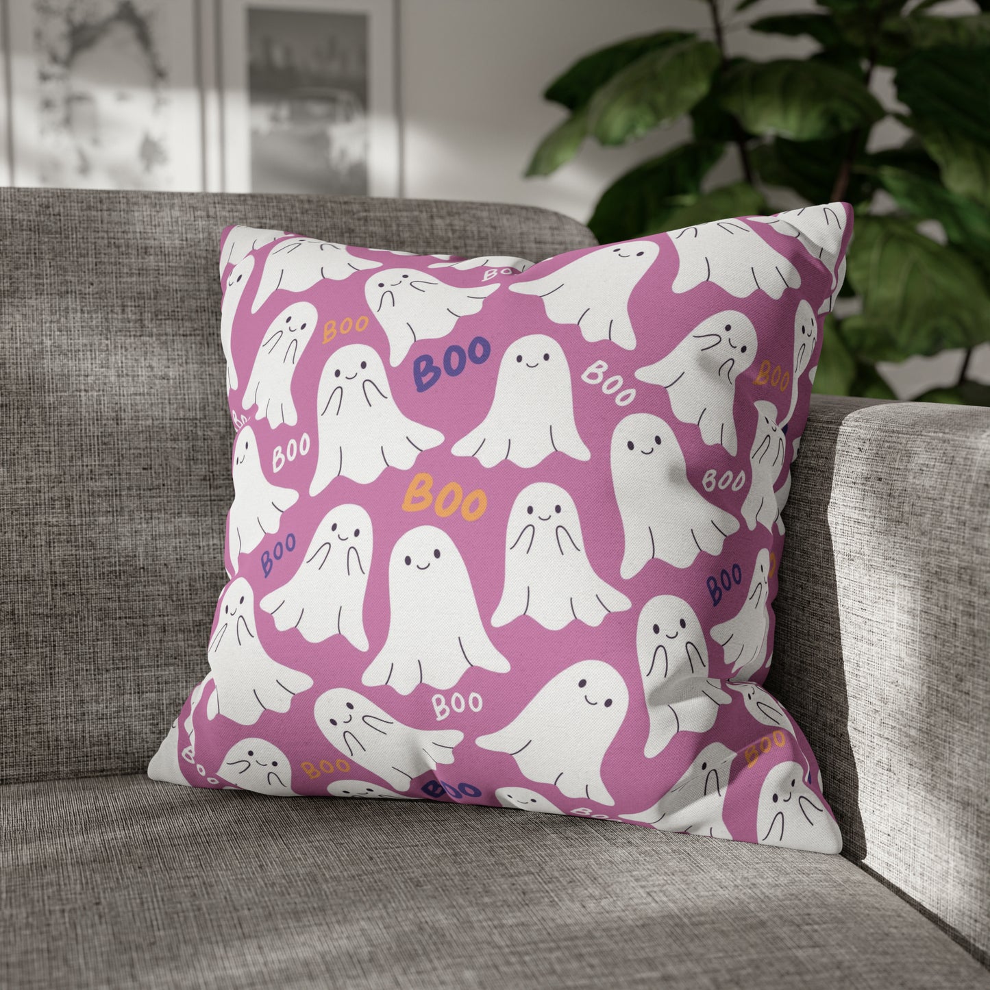 BOO Ghost Decorative Pillowcase Halloween Spooky Ghost Pillow Cover, Pink Square Pillow, 2-Sided Pillow Cover    - HolidayShoppingFinds