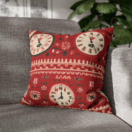 Holiday Clock Pillowcase, Red Festive Pillow, Christmas Accent Pillow Cover, Holiday Gift 18" × 18"   - HolidayShoppingFinds