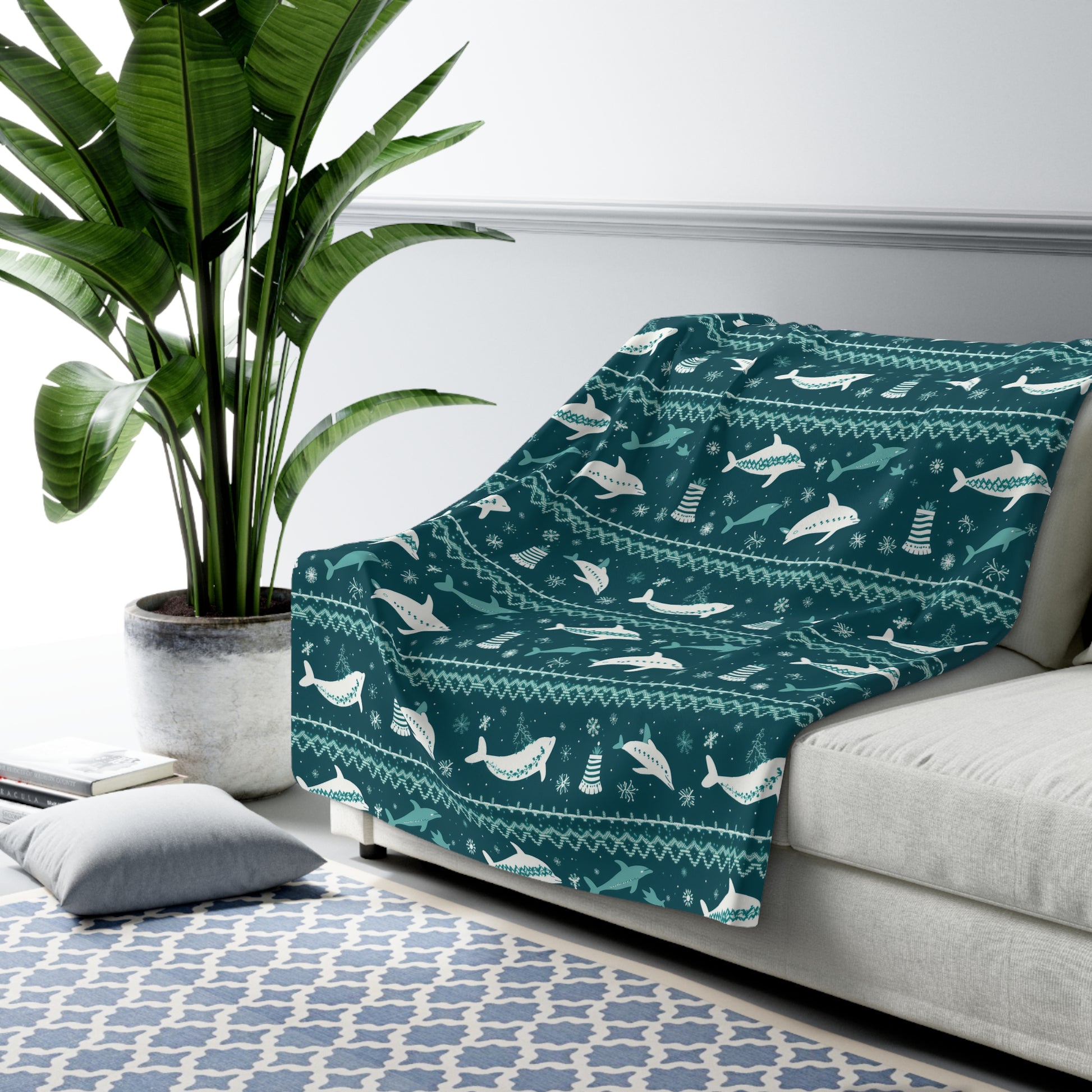 Dolphins Sherpa Blanket, Dolphin Throw Blanket, Ocean Nautical Coastal Holiday Blanket, Cozy Throw Blanket, Holiday Gift 60" × 80"   - HolidayShoppingFinds