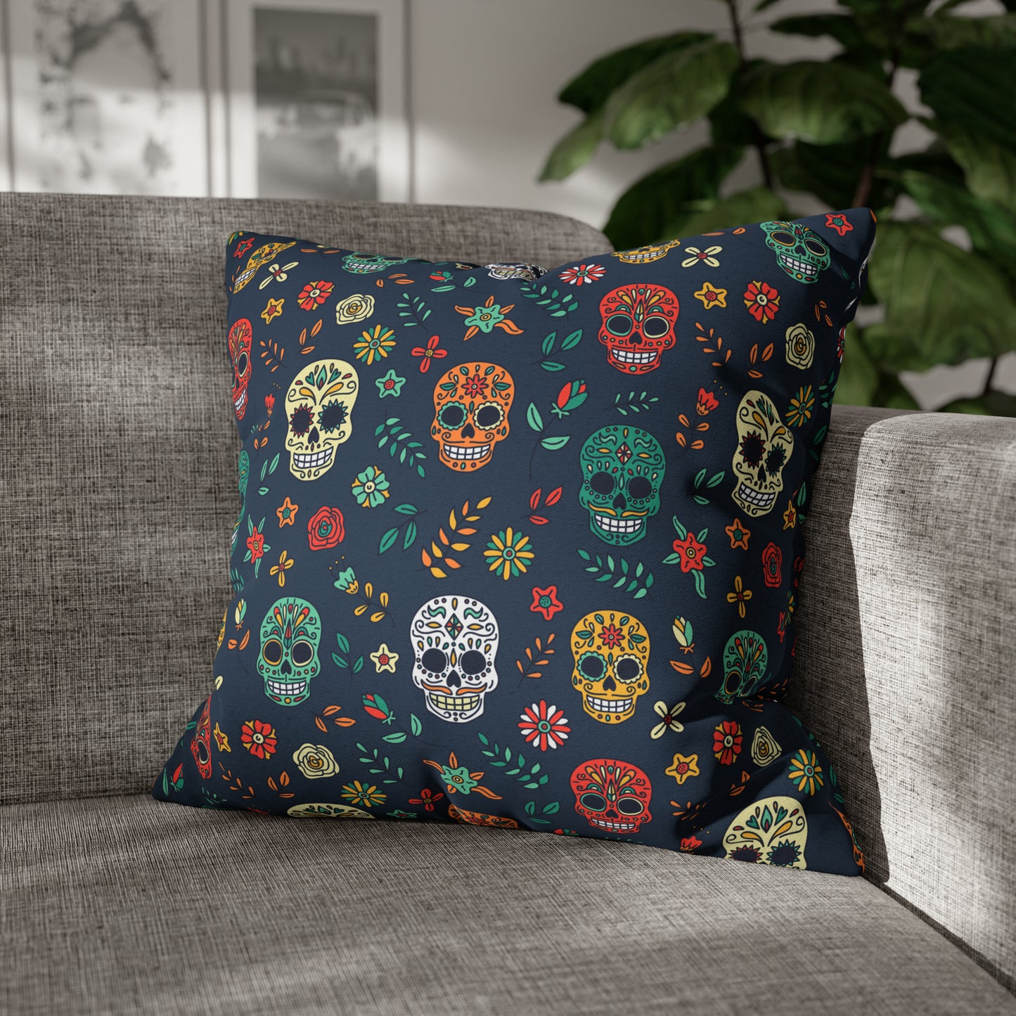 Sugar Skulls Pillowcase, Day of the Dead Pillow, Halloween Accent Blue Pillow Cover, Square Accent Pillow 20" × 20"   - HolidayShoppingFinds