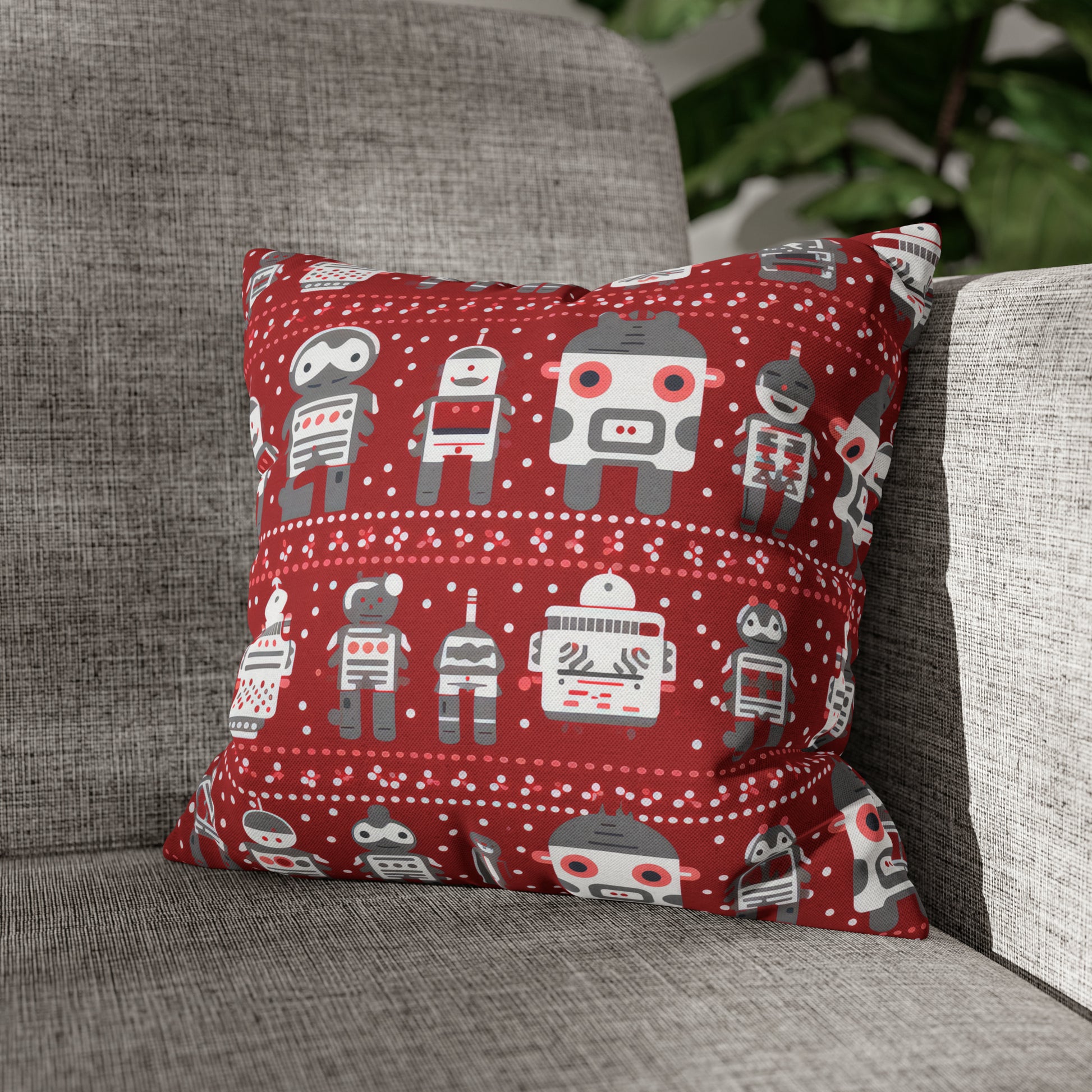 Holiday Robots Red Pillowcase, Gamers Pillow Case Cover, Tech Lovers Cushion Throw, Holiday Gift 14" × 14"   - HolidayShoppingFinds