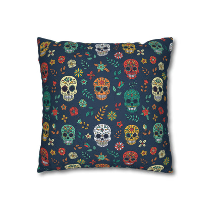 Sugar Skulls Pillowcase, Day of the Dead Pillow, Halloween Accent Blue Pillow Cover, Square Accent Pillow    - HolidayShoppingFinds