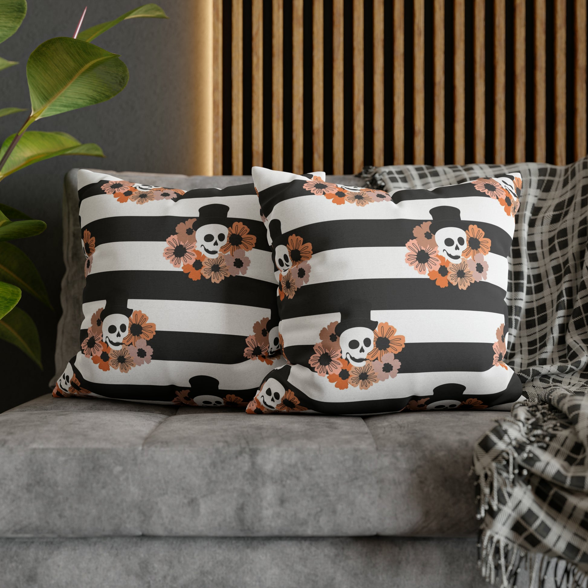 Halloween Phantom Pillowcase, Dia de los Muertos Skull Accent Pillow, 2-Sided Square B&W Decorative Pillow 20" × 20"   - HolidayShoppingFinds