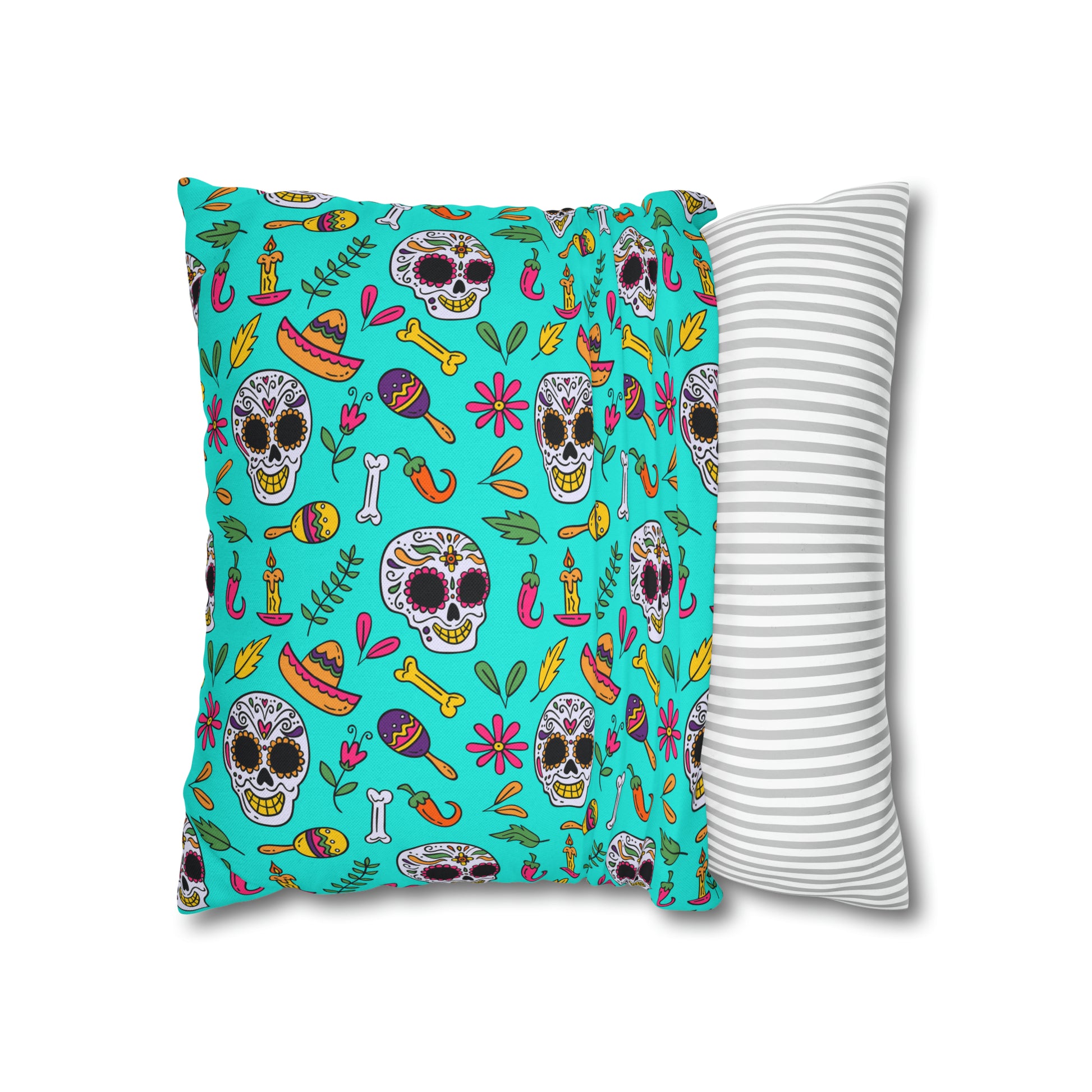 Sugar Skull Pillowcase, Day of the Dead Pillow Cover, Dia de Los Muertos Pillow, Halloween Pillow, Turquoise Decorative Square Pillow    - HolidayShoppingFinds