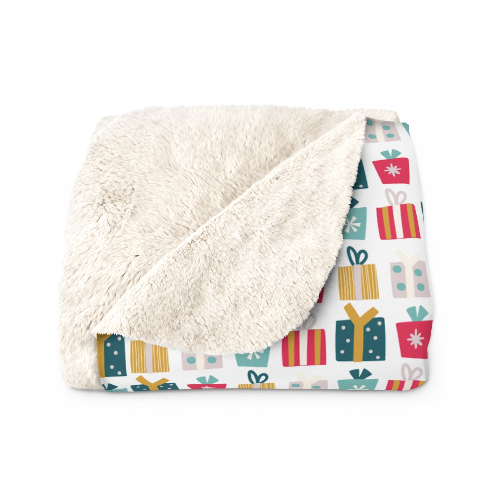 Gift Galore: Colorful Presents on White Sherpa Fleece Blanket    - HolidayShoppingFinds