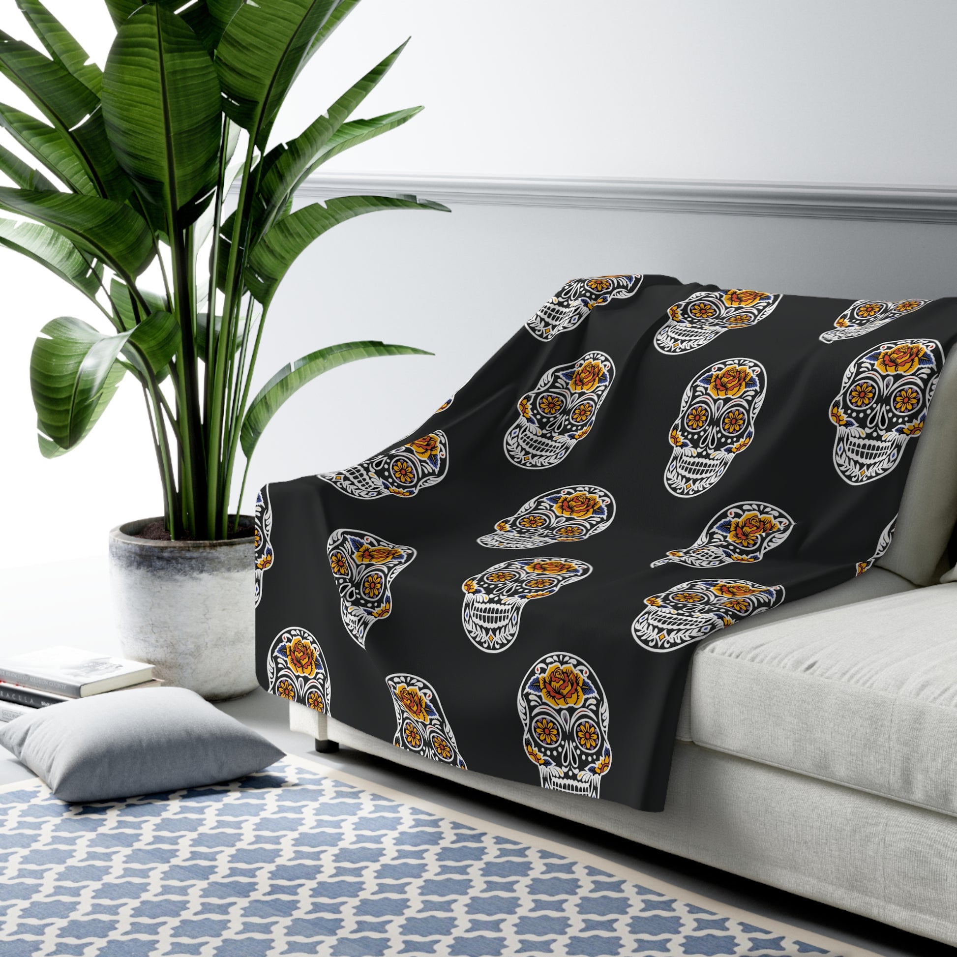 Sugar Skull Sherpa Blanket, Day of the Dead Blanket, Halloween B&W Throw Blanket 60" × 80"   - HolidayShoppingFinds