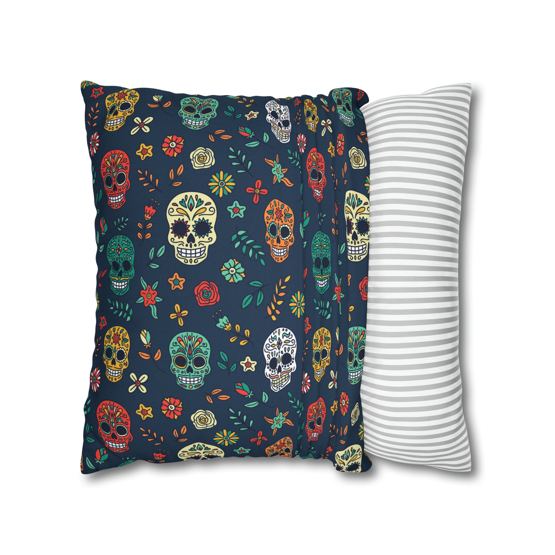 Sugar Skulls Pillowcase, Day of the Dead Pillow, Halloween Accent Blue Pillow Cover, Square Accent Pillow    - HolidayShoppingFinds