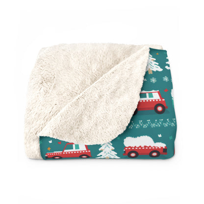 Winter Roadtrip Sherpa Blanket, Snowy Cars Vehicle-Themed Throw Blanket, Teal Blanket    - HolidayShoppingFinds