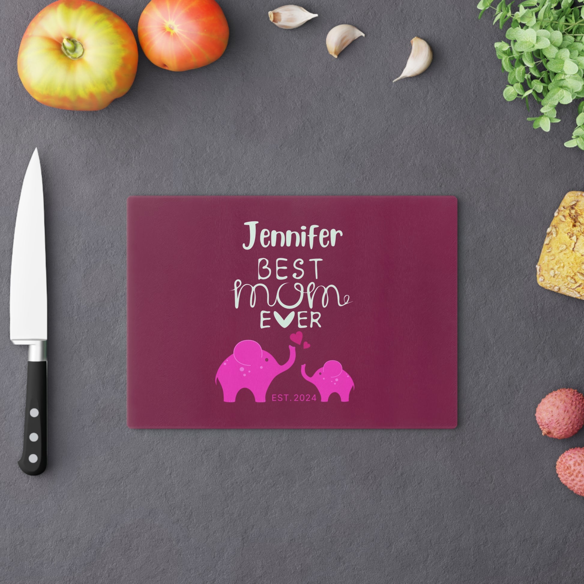 Personalized Best Mom Ever Glass Cutting Board, Gift for Mom, Elephants Cutting Board Pink    - HolidayShoppingFinds