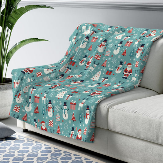 Merry Christmas Sherpa Fleece Blanket, Santa Snowman Reindeer Blanket, Teal Throw Blanket 50" × 60"   - HolidayShoppingFinds