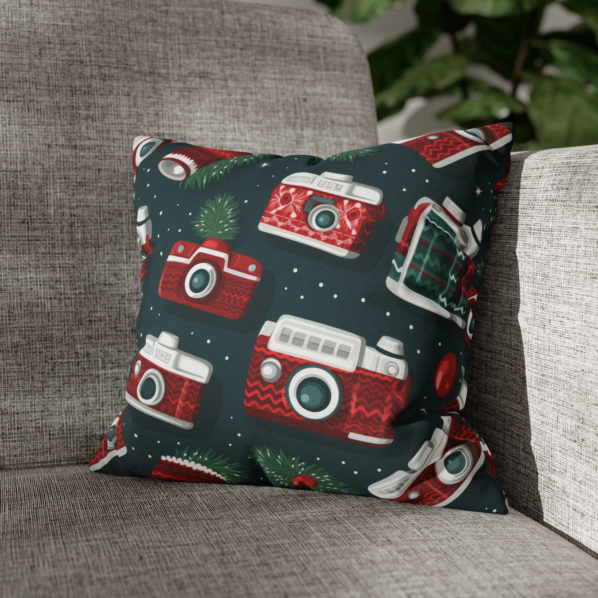 Vintage Camera Holiday Green Retro Pillow Case, Christmas Pillow Throw, Holiday Gift 14" × 14"   - HolidayShoppingFinds