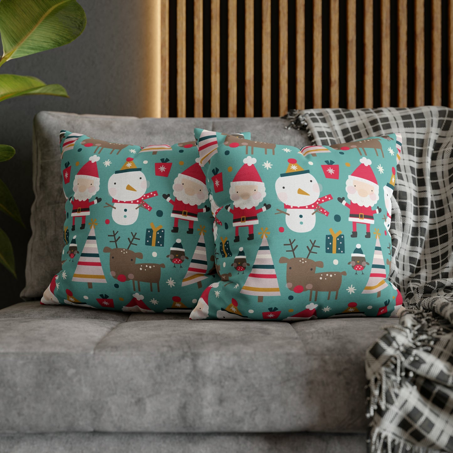 Merry Trio Green Pillowcase with Santa, Snowman & Reindeer Pillow Case Cover    - HolidayShoppingFinds