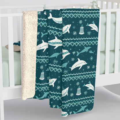 Dolphins Sherpa Blanket, Dolphin Throw Blanket, Ocean Nautical Coastal Holiday Blanket, Cozy Throw Blanket, Holiday Gift    - HolidayShoppingFinds