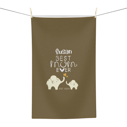 Personalized Best Mom Ever Kitchen Towel Khaki, Mom Gift, Baby Elephants Towel    - HolidayShoppingFinds