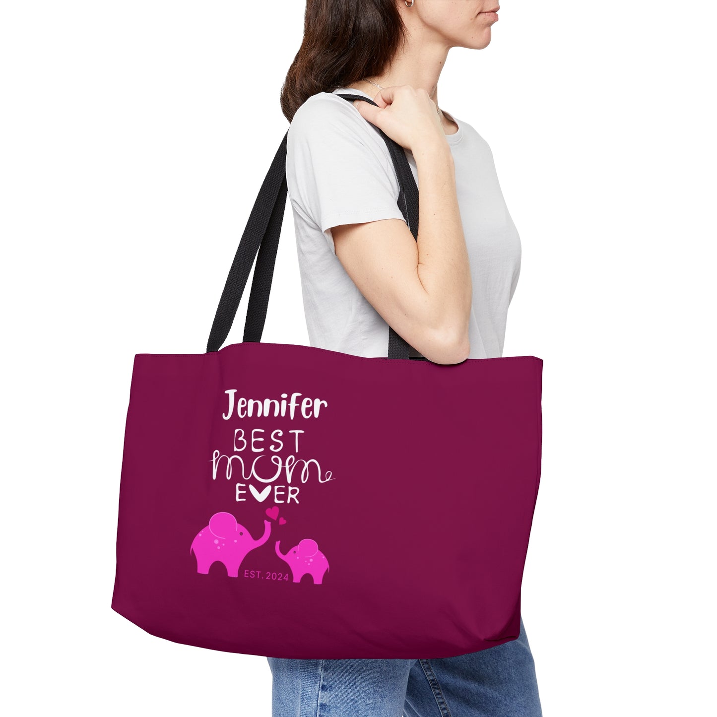 Personalized Best Mom Ever Weekender Bag for Mom, Pink Baby Elephants Tote Bag    - HolidayShoppingFinds