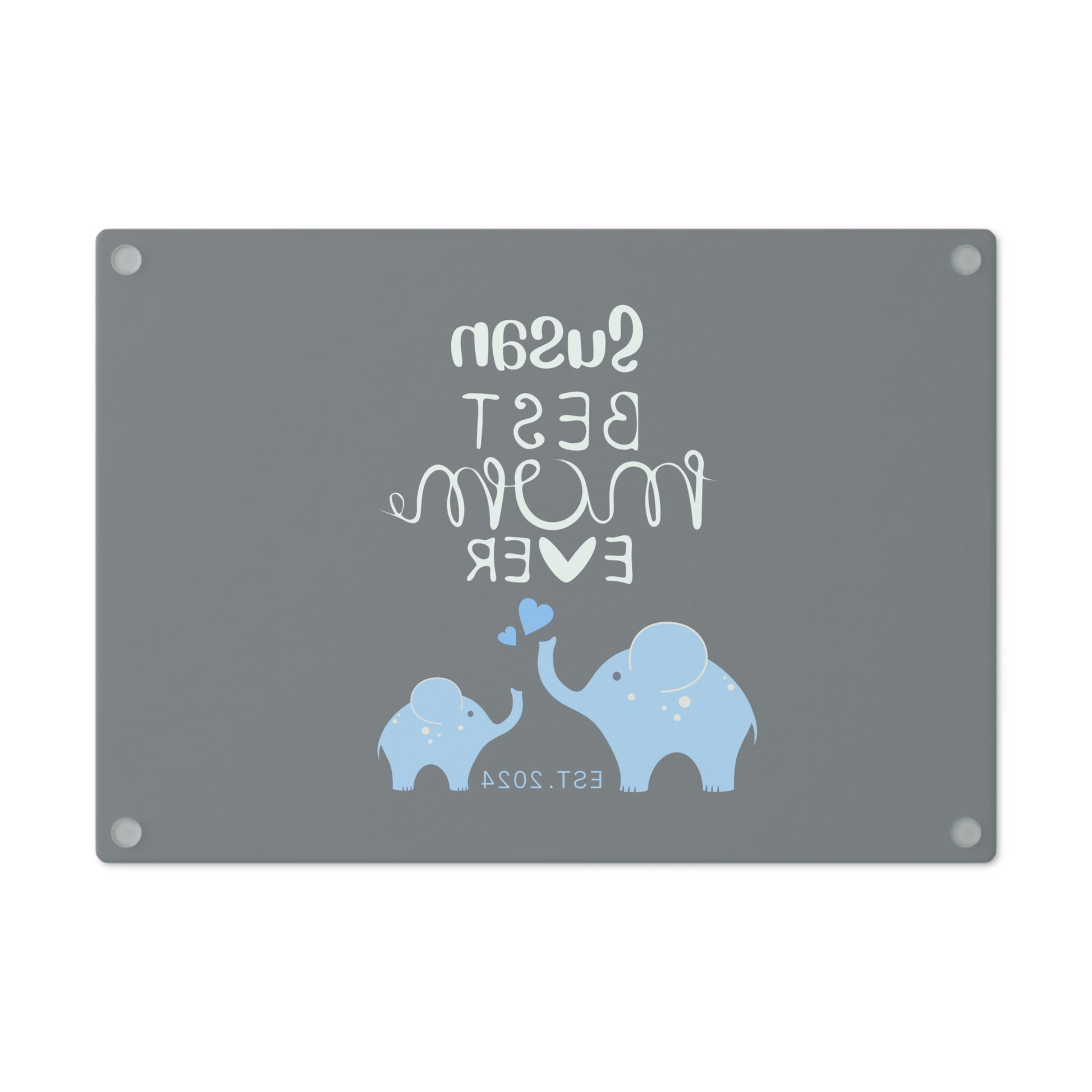 Personalized Best Mom Ever Glass Cutting Board, Gift for Mom, Elephants Cutting Board Blue    - HolidayShoppingFinds