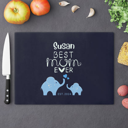 Personalized Best Mom Ever Glass Cutting Board, Gift for Mom, Elephants Cutting Board Blue    - HolidayShoppingFinds