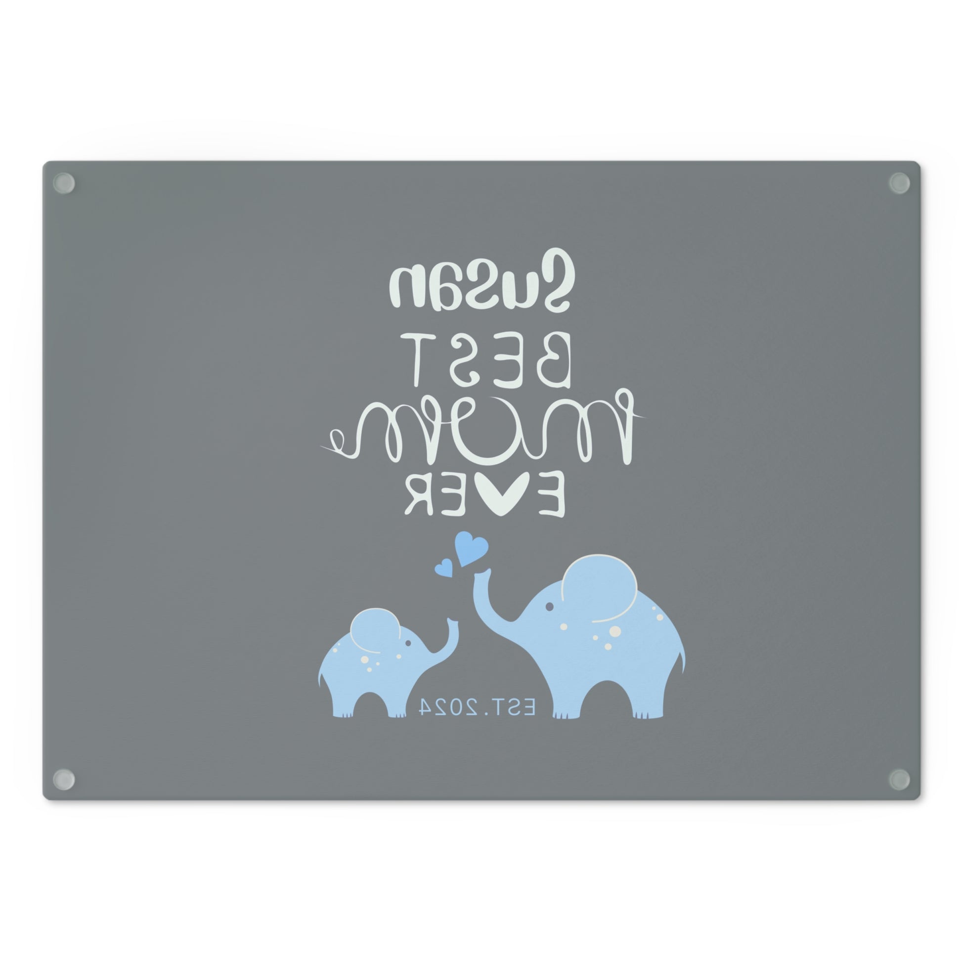 Personalized Best Mom Ever Glass Cutting Board, Gift for Mom, Elephants Cutting Board Blue    - HolidayShoppingFinds