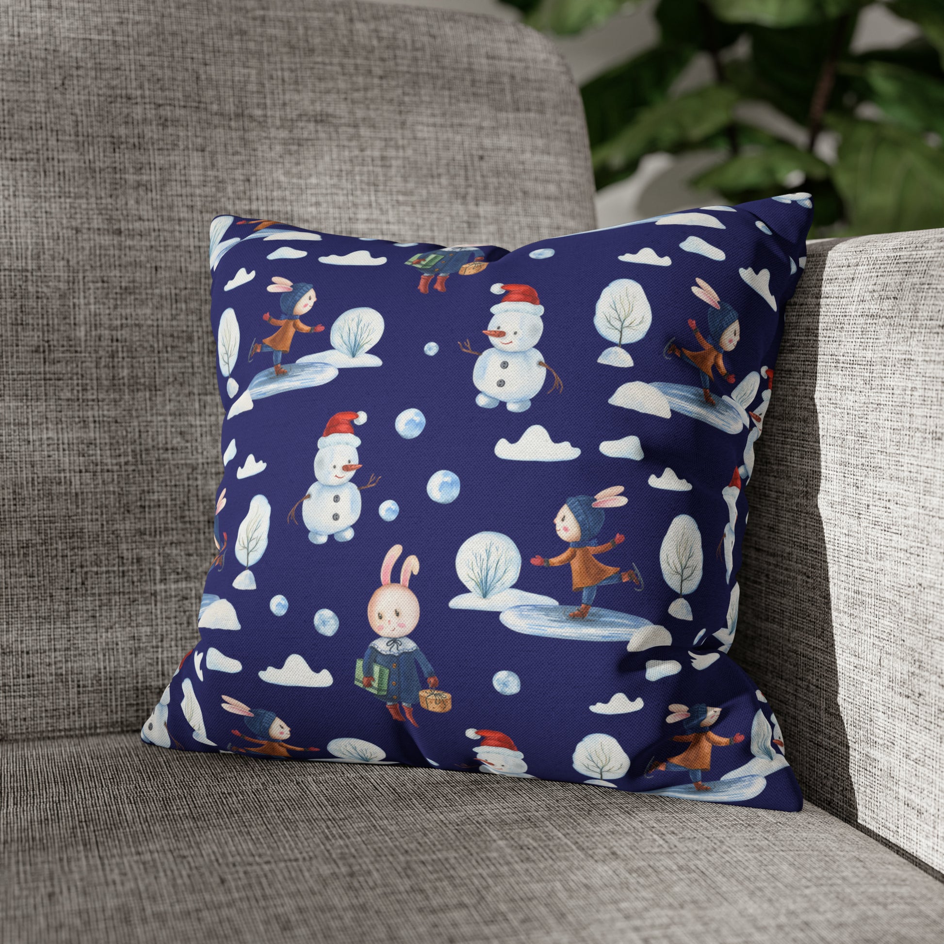 Snowman Pillowcase, Holiday Decor Pillow Cozy Winter Blue Throw Pillow, Holiday Gift 14" × 14"   - HolidayShoppingFinds