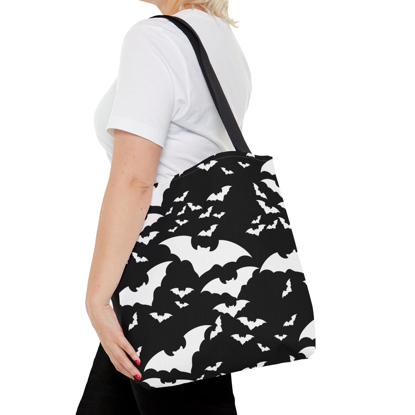 Spooky Bats Black Tote Bag, Halloween Gothic Handbag, Trick or Treat Bag, B&W Bag Medium   - HolidayShoppingFinds