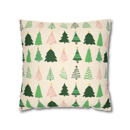 Christmas Trees Square Pillow Case, Creamy Ivory Winter Throw    - HolidayShoppingFinds