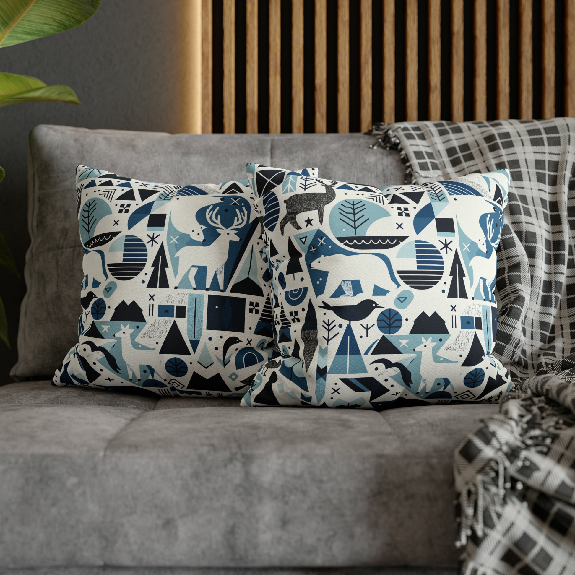 Frozen Forrest Pillowcase, Abstract Blue Pillow Case with Bears, Deers, Winter Pillow Cover    - HolidayShoppingFinds