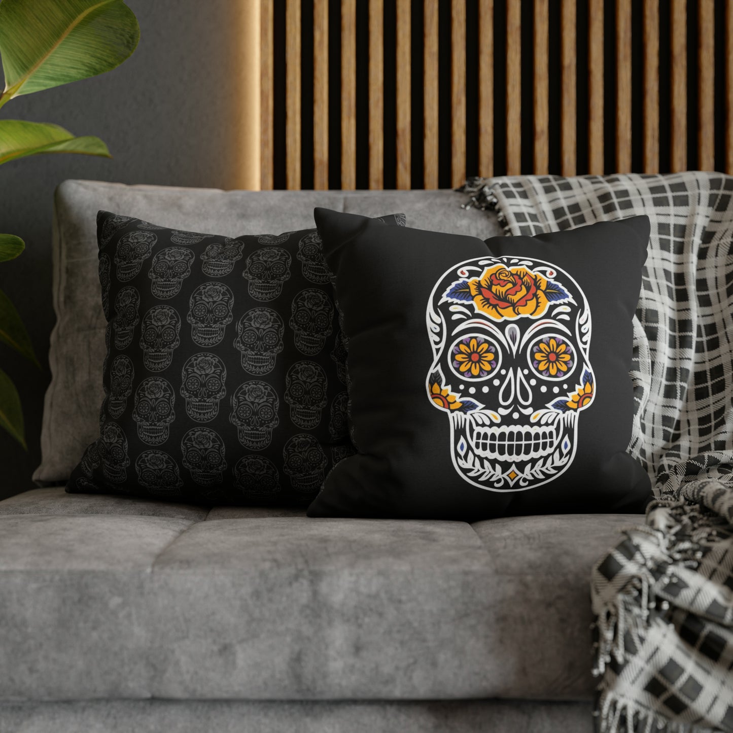 Sugar Skull Pillowcase, Day of the Dead Pillow, Dia De Los Muertos Pillow, Black Gothic Pillow, 2-Sided Square Pillow Cover 18" × 18"   - HolidayShoppingFinds