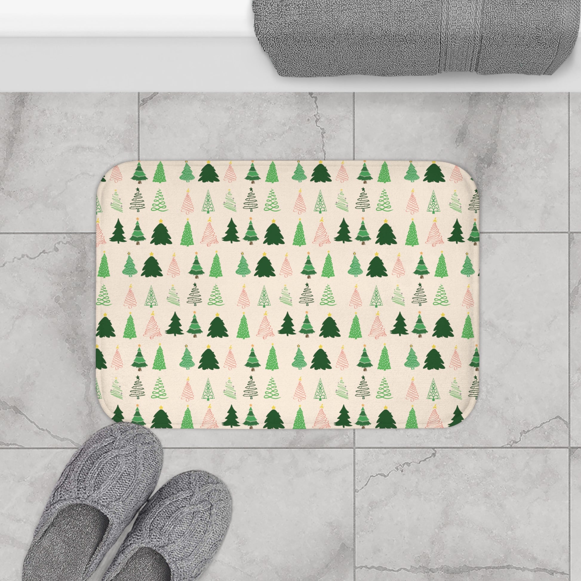 Christmas Trees Bath Mat, Ivory Holiday Bath Mat, Winter Bath Rug 24" × 17"   - HolidayShoppingFinds