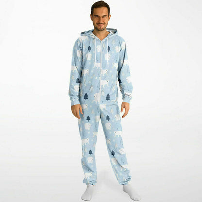 Polar Bears Winter Wonderland Blue Jumpsuit Adult Onesie Gender-Neutral Athletic PJs    - HolidayShoppingFinds