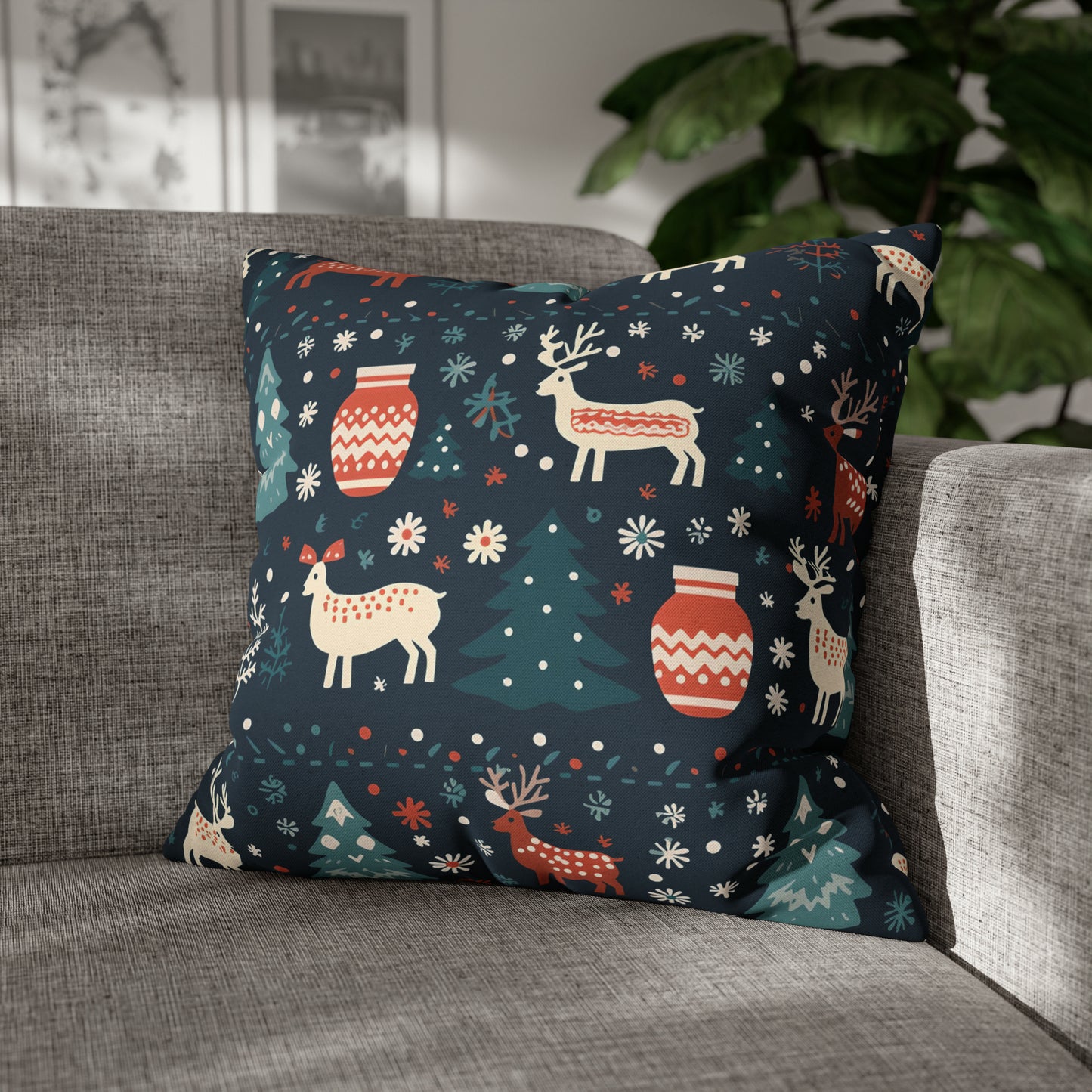 Holiday Pillowcase, Winter Accent Pillow Case with Reindeers, Christmas Trees, Snowflakes, Holiday Gift 20" × 20"   - HolidayShoppingFinds