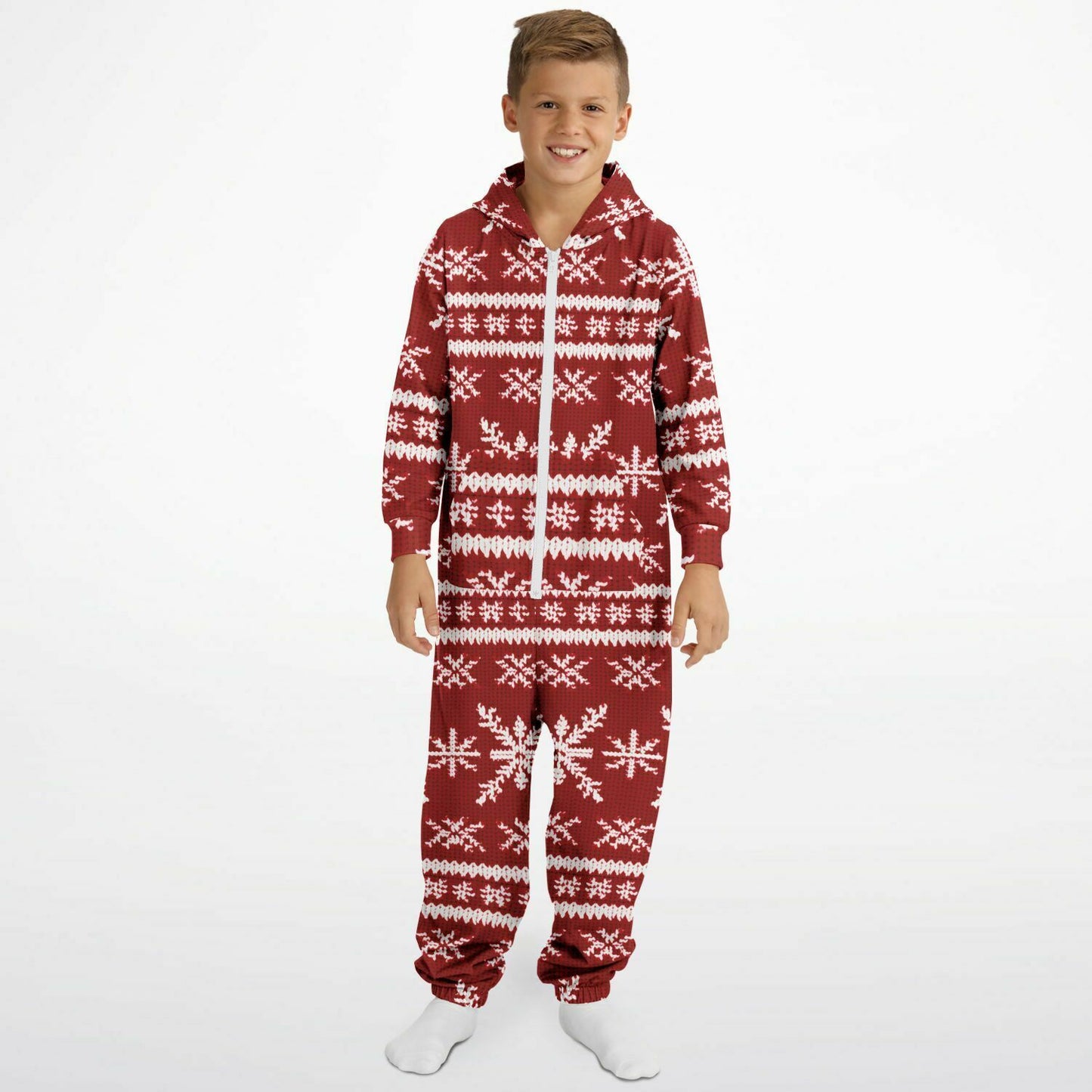 Scandinavian Holiday Pattern Red Teens Onesie, Festive Youth Athletic Jumpsuit    - HolidayShoppingFinds