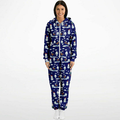 Frosty Friends Blue Winter Jumpsuit Adult Onesie Gender-Neutral Athletic PJs    - HolidayShoppingFinds