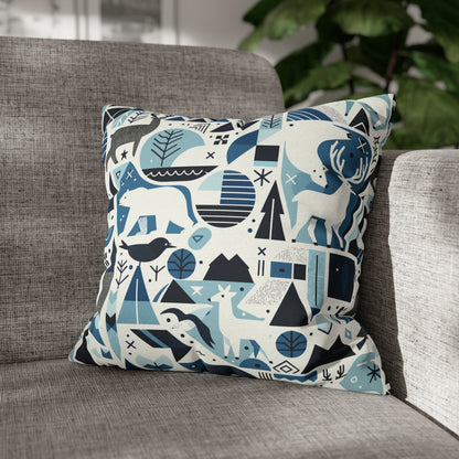 Frozen Forrest Pillowcase, Abstract Blue Pillow Case with Bears, Deers, Winter Pillow Cover 16" × 16"   - HolidayShoppingFinds