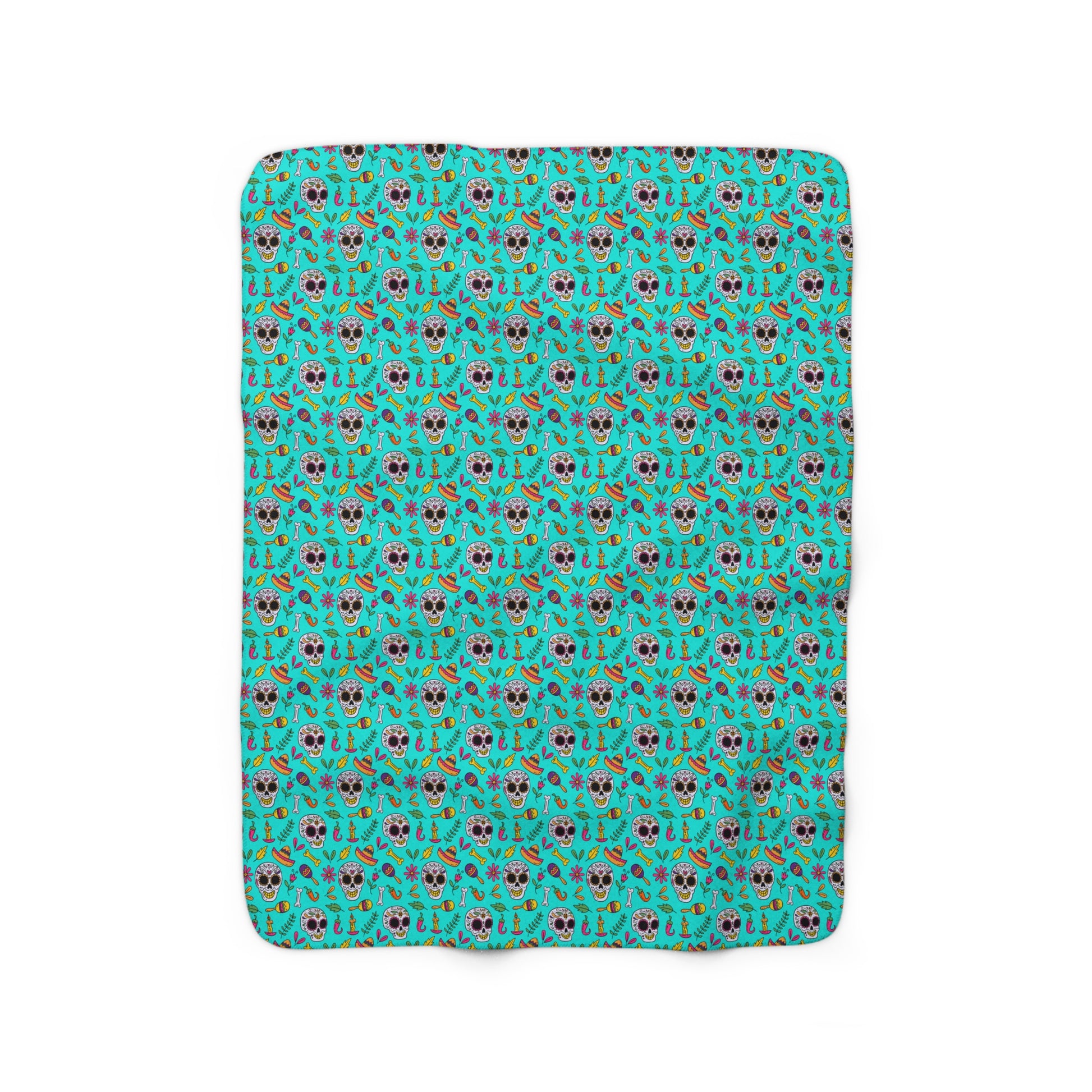 Sugar Skull Sherpa Blanket, Day of the Dead Turquoise Fleece Blanket    - HolidayShoppingFinds