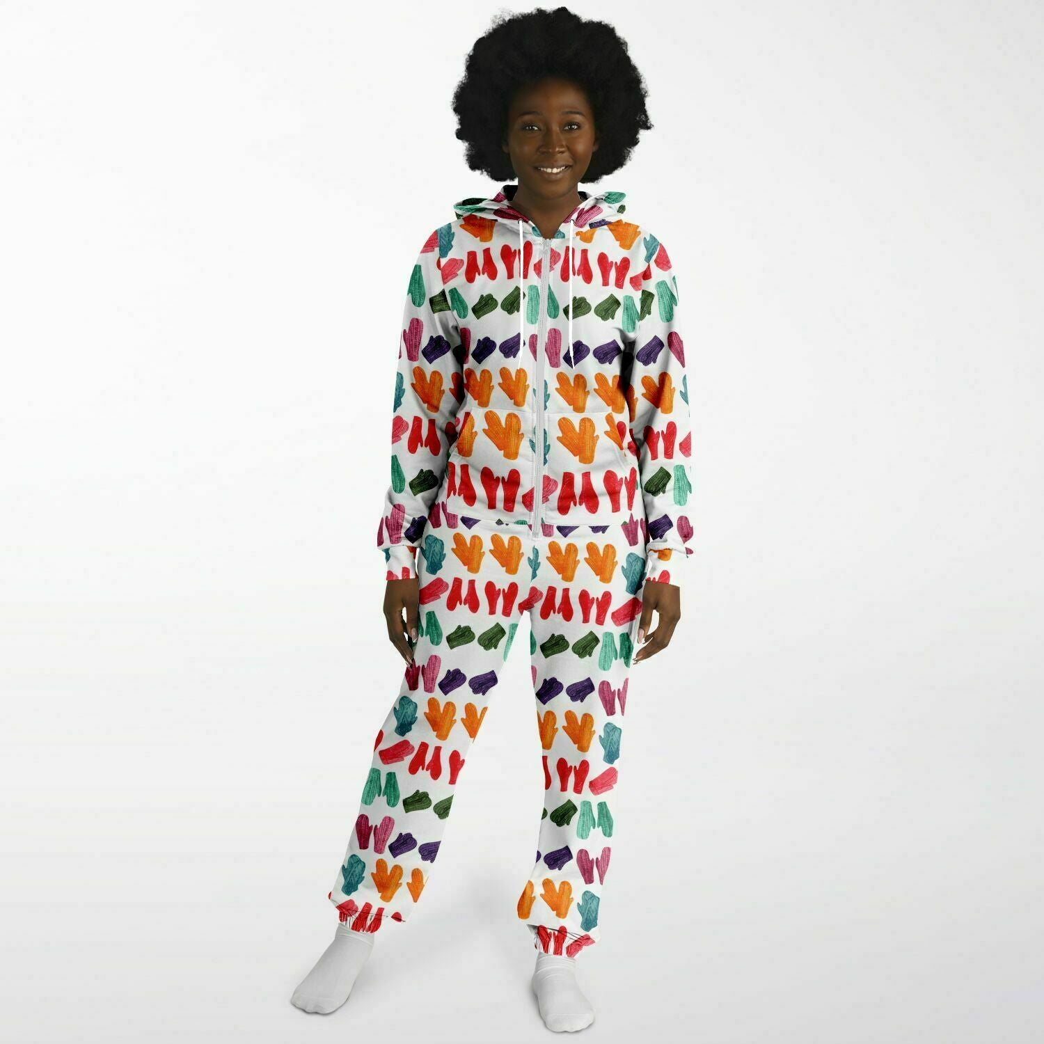 Vintage Colorful Mitten Pattern Adult Jumpsuit White Athletic Onesie Unisex PJ    - HolidayShoppingFinds