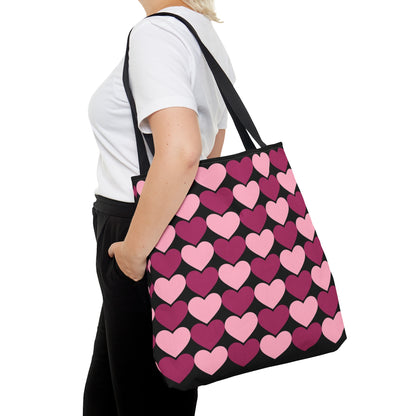 Big Pink & Purple Hearts Pattern Black Tote bag Valentines Day Gift    - HolidayShoppingFinds