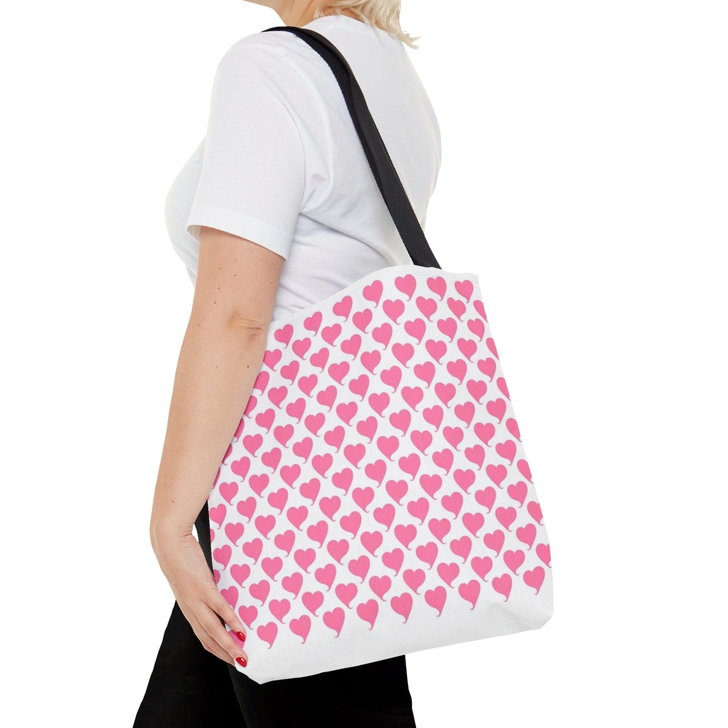 Lovely in Pink Hearts Pattern White Tote with Black Handles Bag - Valentine's Gift    - HolidayShoppingFinds