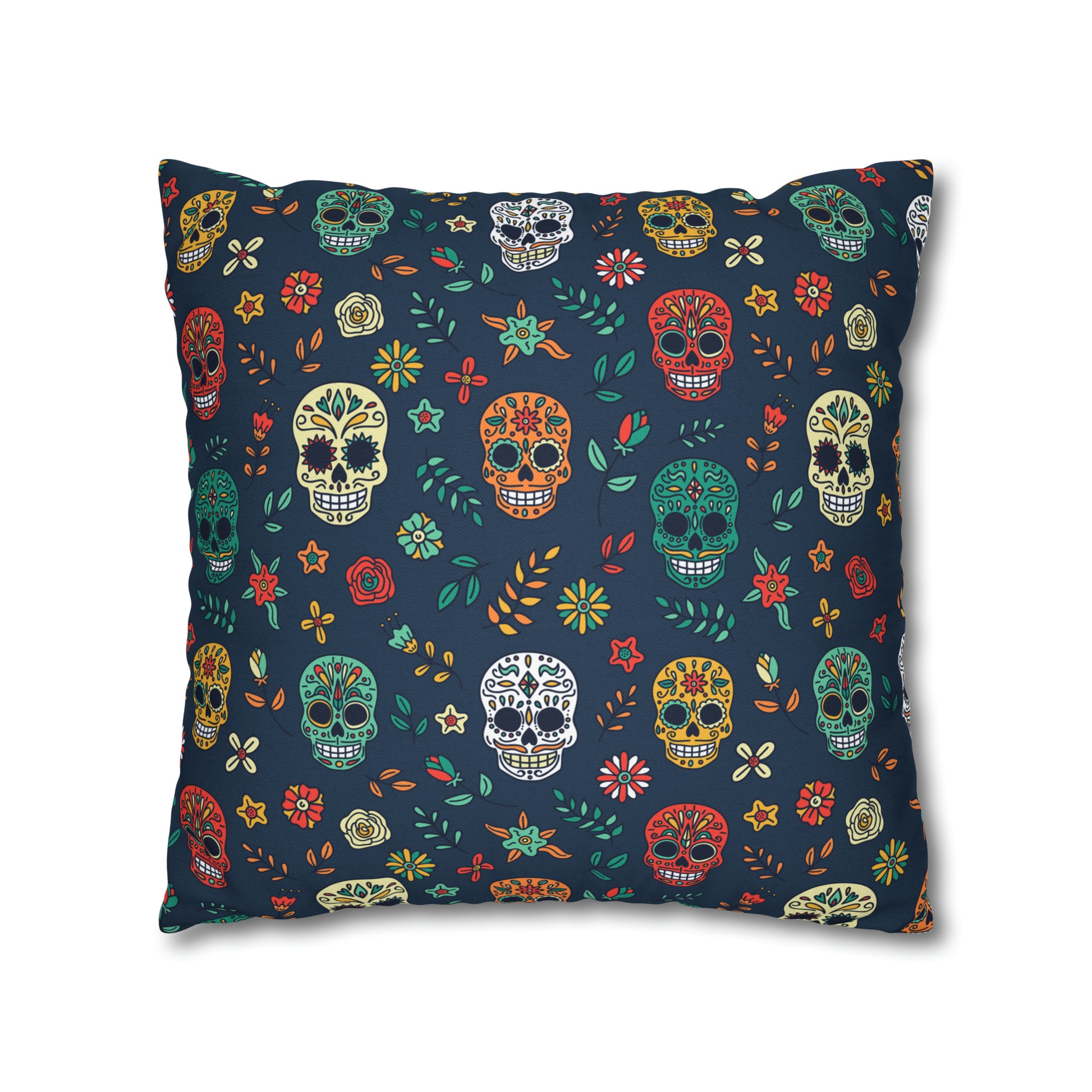 Sugar Skulls Pillowcase, Day of the Dead Pillow, Halloween Accent Blue Pillow Cover, Square Accent Pillow    - HolidayShoppingFinds