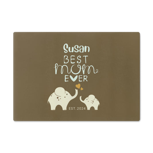 Personalized Best Mom Ever Glass Cutting Board, Gift for Mom, Elephants Cutting Board Khaki Small   - HolidayShoppingFinds