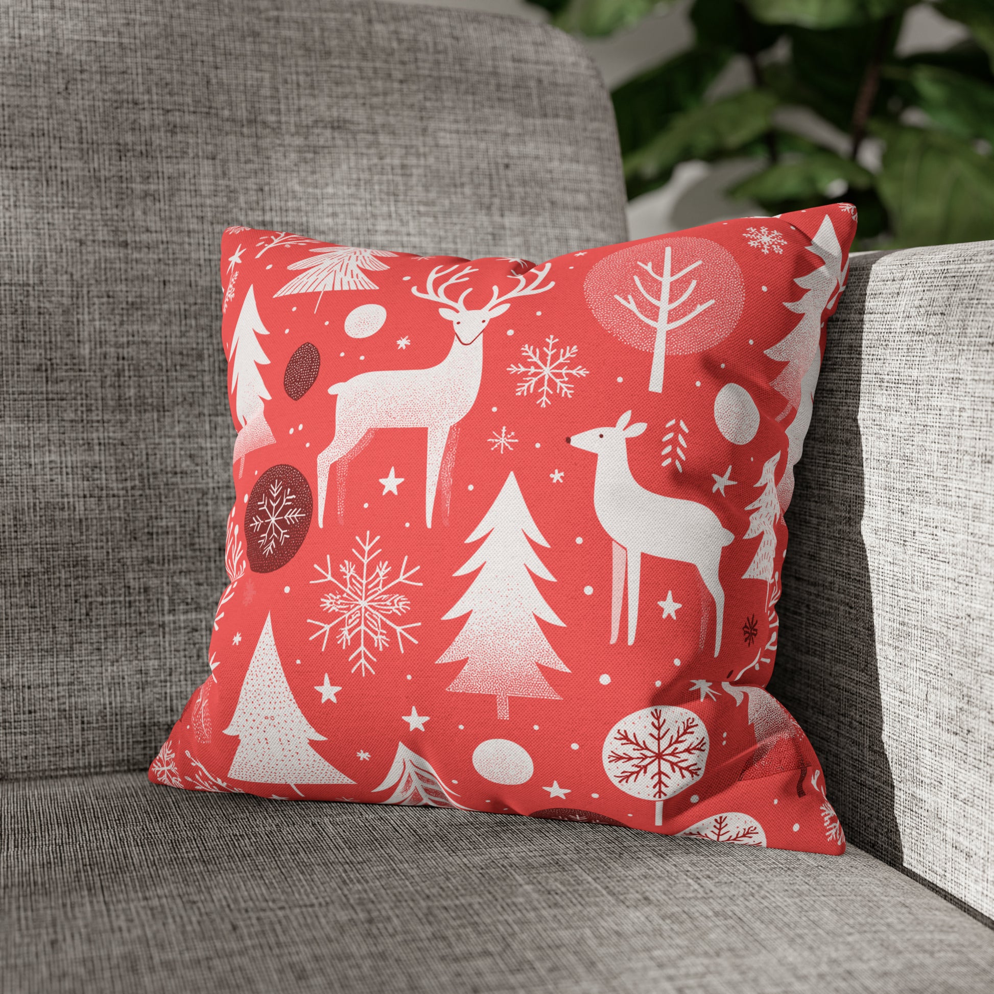 Red Holiday Pillowcase, Winter Pillow Case with Deers, Christmas Trees & Snowflakes, Holiday Gift 14" × 14"   - HolidayShoppingFinds