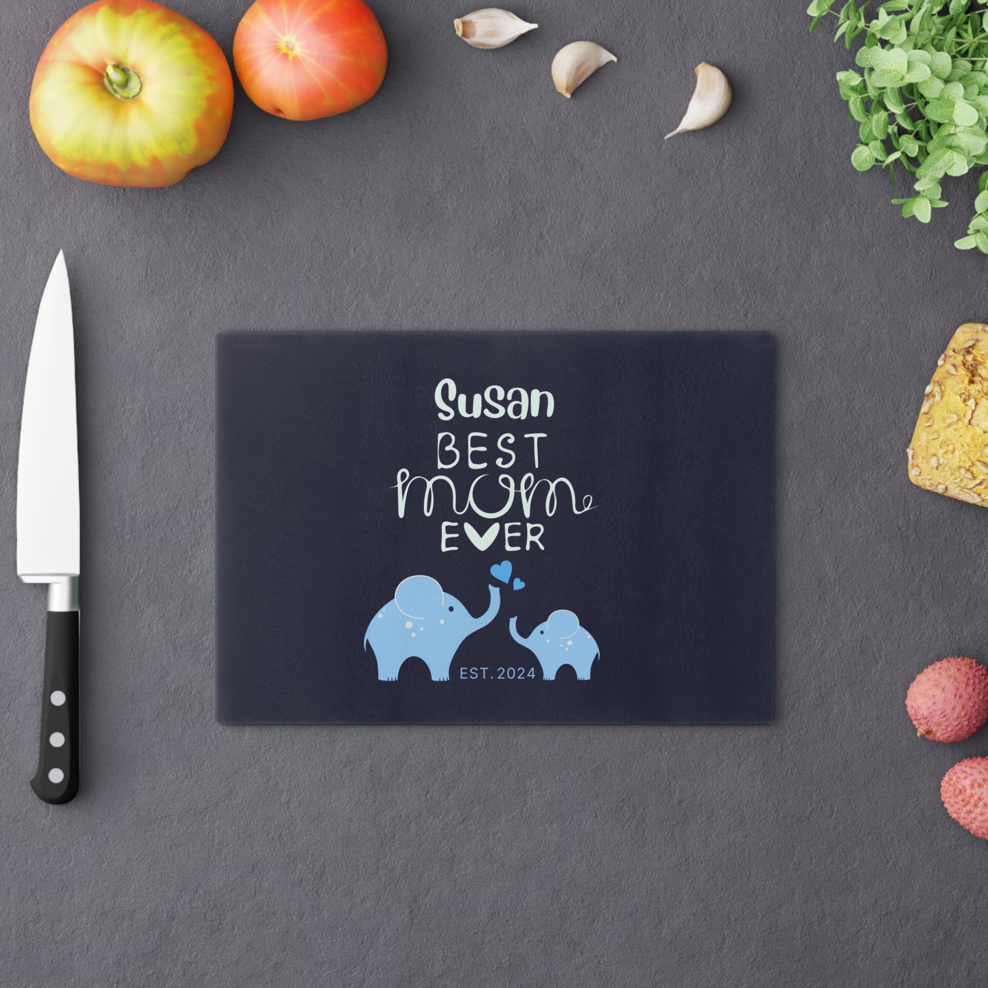 Personalized Best Mom Ever Glass Cutting Board, Gift for Mom, Elephants Cutting Board Blue    - HolidayShoppingFinds