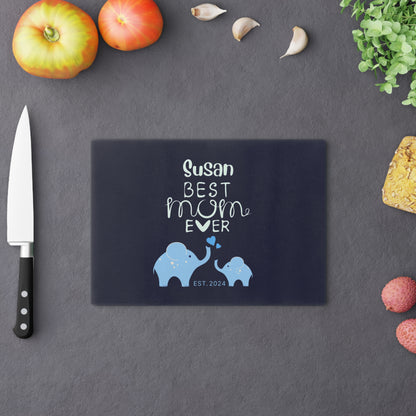 Personalized Best Mom Ever Glass Cutting Board, Gift for Mom, Elephants Cutting Board Blue    - HolidayShoppingFinds