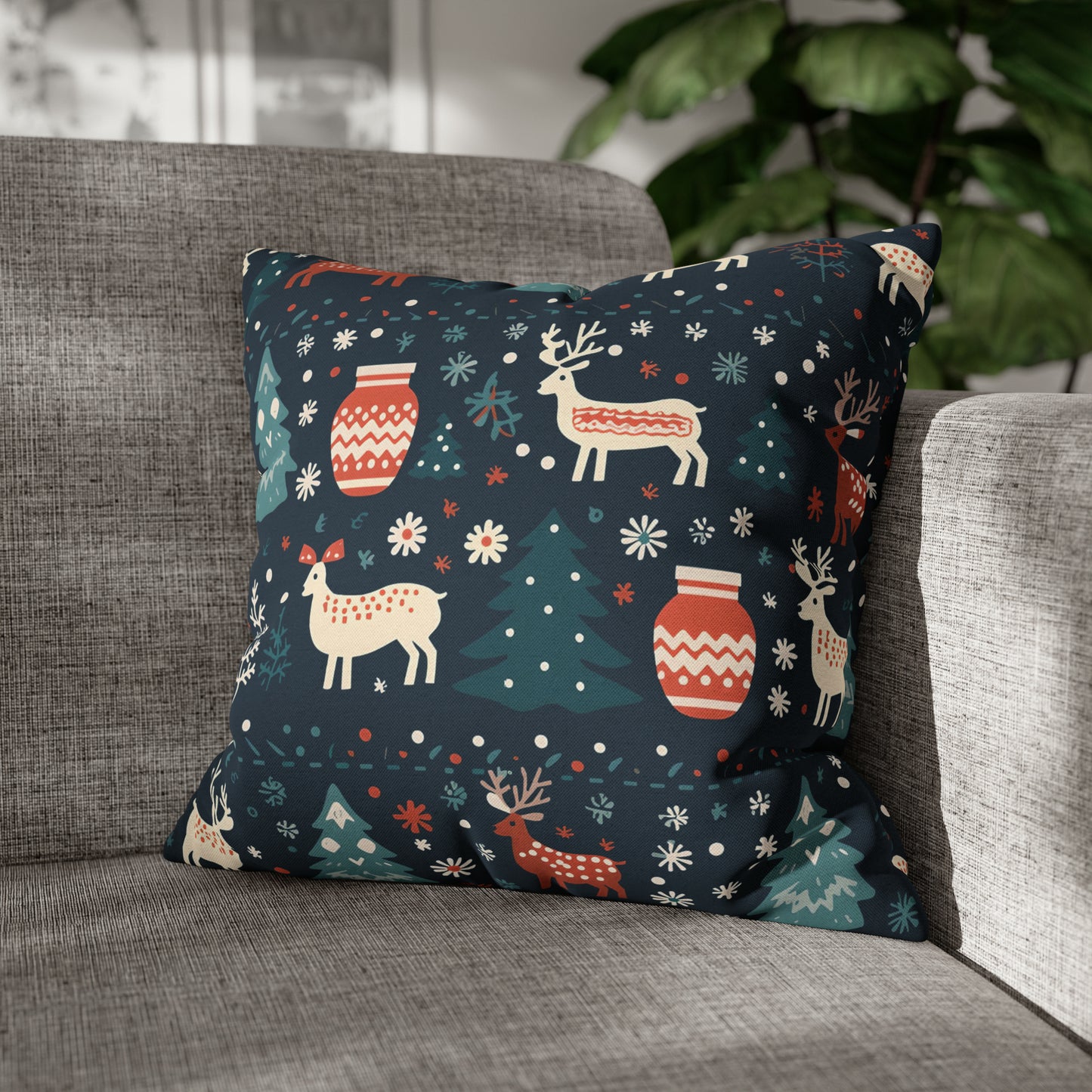 Holiday Pillowcase, Winter Accent Pillow Case with Reindeers, Christmas Trees, Snowflakes, Holiday Gift 18" × 18"   - HolidayShoppingFinds