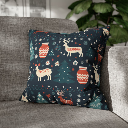 Holiday Pillowcase, Winter Accent Pillow Case with Reindeers, Christmas Trees, Snowflakes, Holiday Gift 18" × 18"   - HolidayShoppingFinds