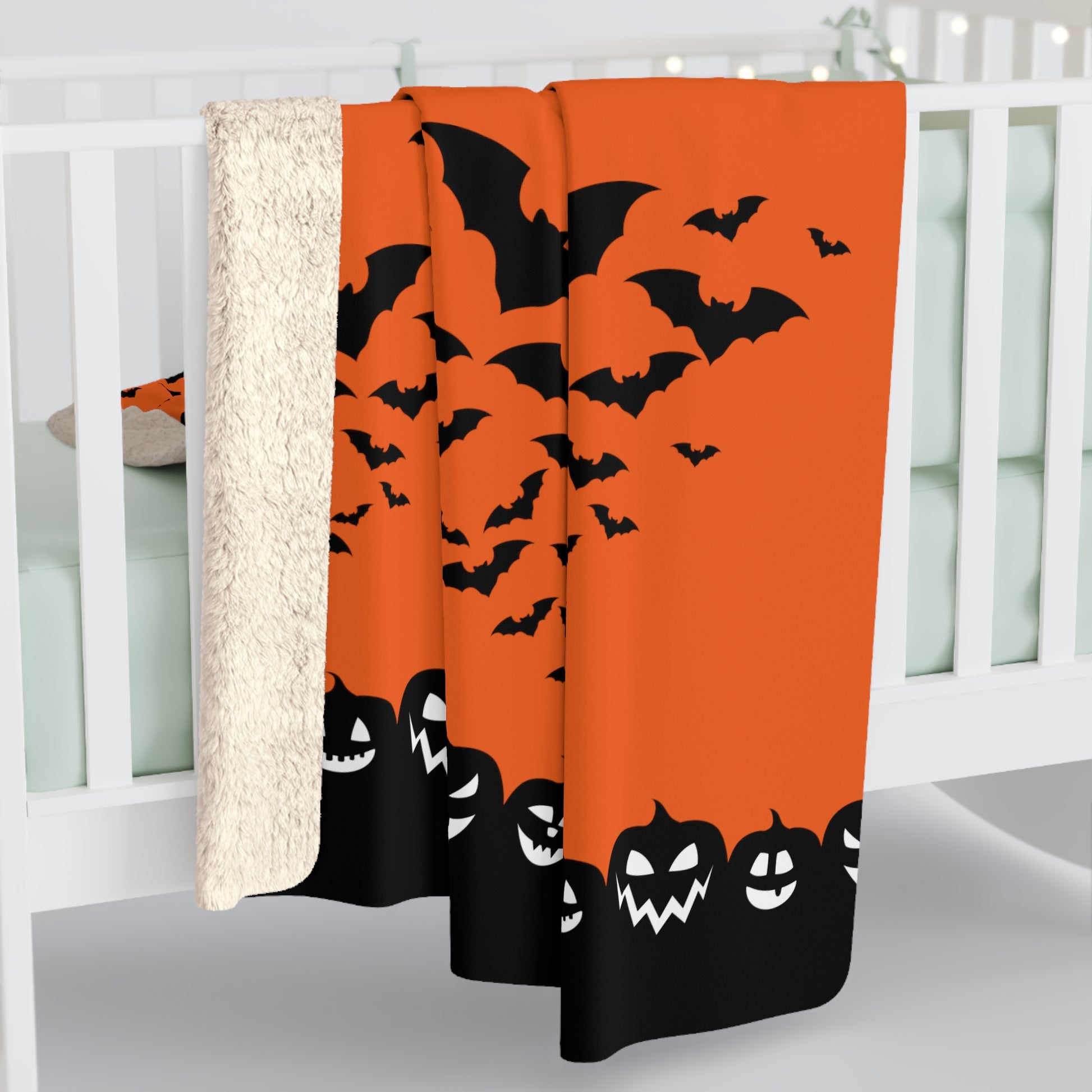 Happy Halloween Sherpa Fleece Blanket, Bats & Pumpkins Orange Throw    - HolidayShoppingFinds