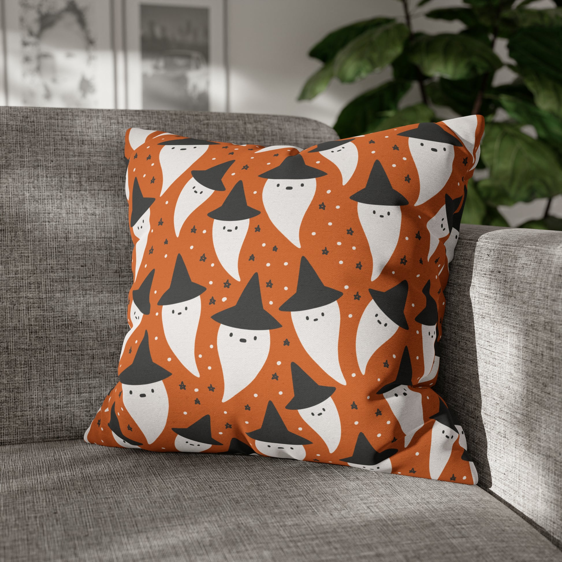 Whimsical Pillowcase, Spooky Ghosts Halloween Orange Pillow Cover 2-Sided Square Pillow Case Throw Cover 20" × 20"   - HolidayShoppingFinds