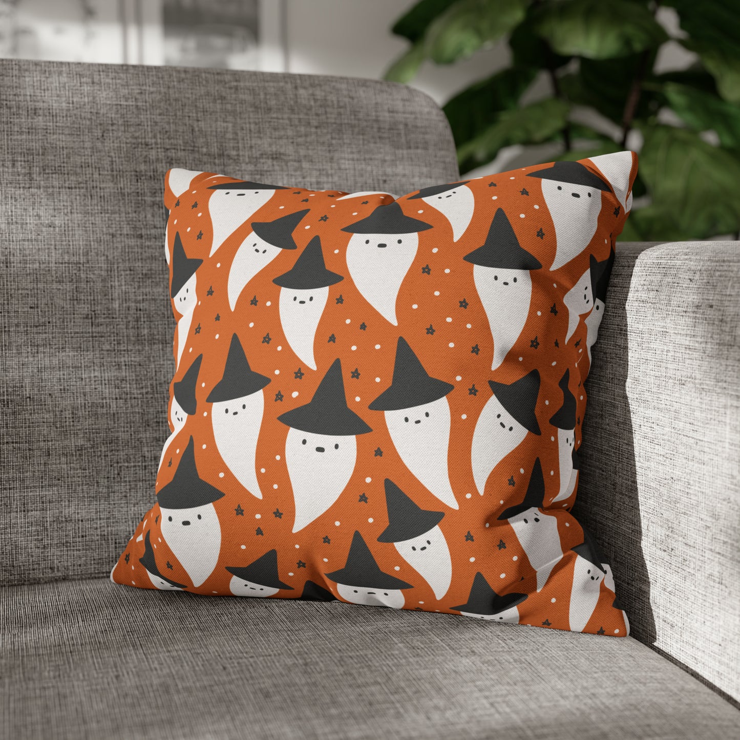 Whimsical Pillowcase, Spooky Ghosts Halloween Orange Pillow Cover 2-Sided Square Pillow Case Throw Cover 16" × 16"   - HolidayShoppingFinds