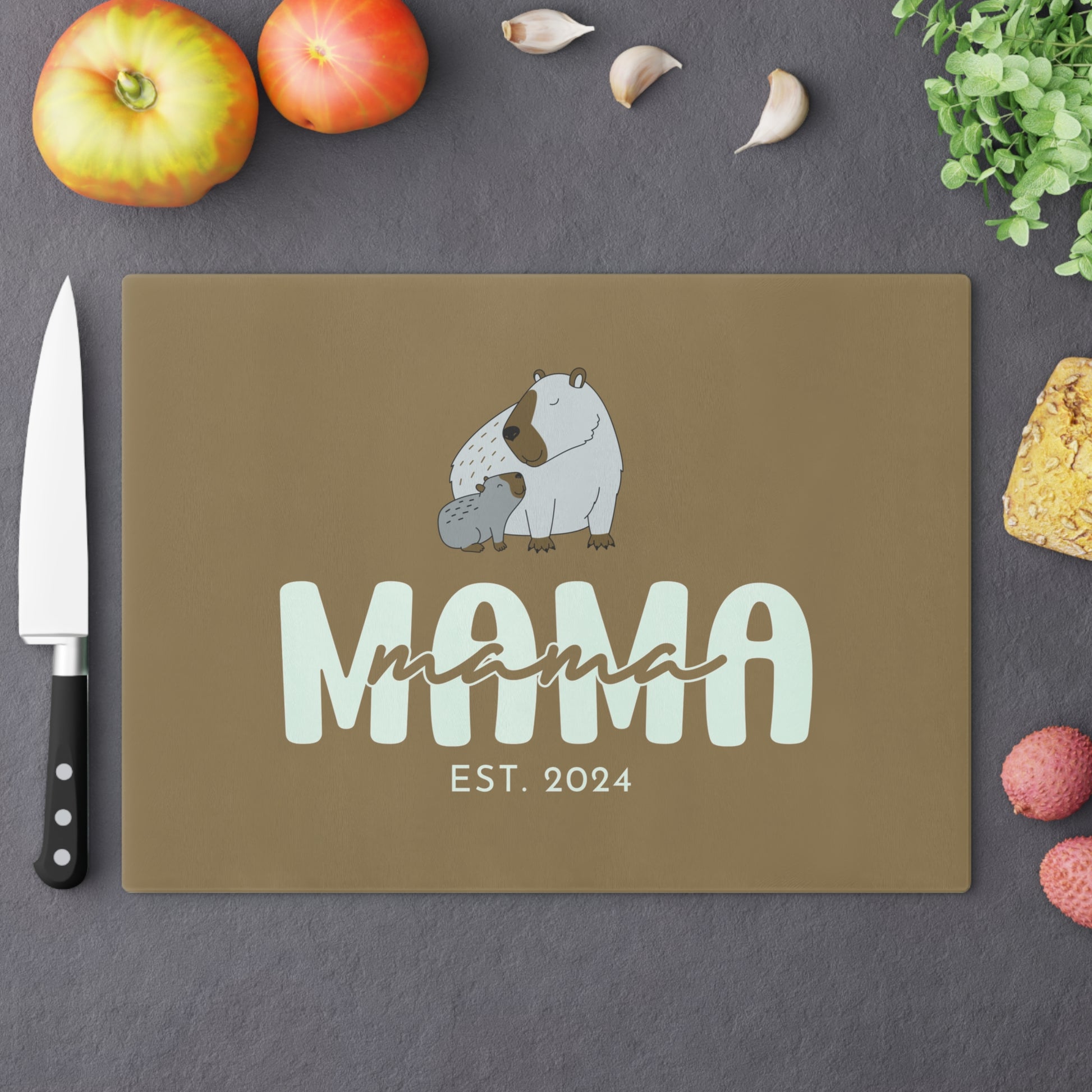 Personalized Mama Capybara Glass Cutting Board Khaki, Gift For Moms    - HolidayShoppingFinds