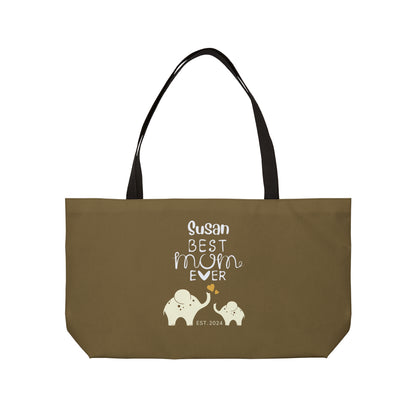 Personalized Best Mom Ever Weekender Bag for Mom, Khaki Baby Elephants Tote Bag 24" × 13"   - HolidayShoppingFinds