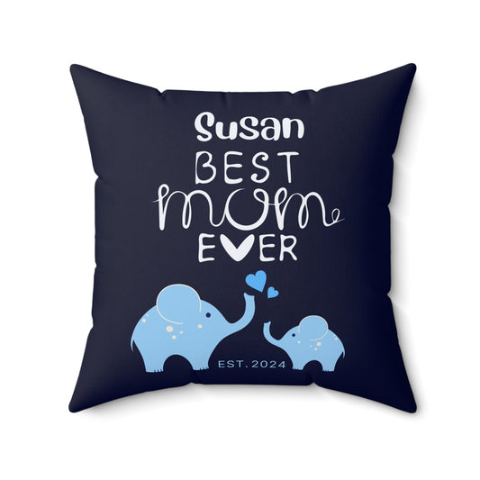 Personalized Best Mom Ever Gift Pillow, Gift for Mom, Elephants Blue Pillow with Insert 20" × 20"   - HolidayShoppingFinds